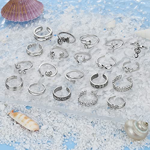 Valdeas 20Pcs Open Toe Rings For Women Adjustable Toe Rings Set Heart Leaf Knuckle Midi Tail Pinky Rings Summer Beach Barefoot Hawaiian Foot Jewelry Silver #TOP4