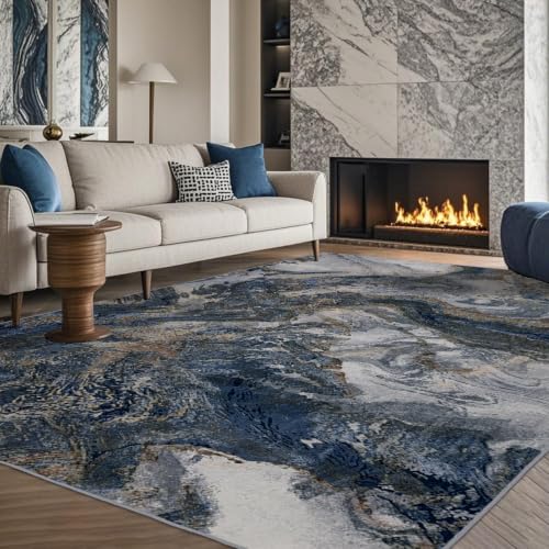 Abstract 6x8 Rug for Living Room: Soft Washable Blue Area Rug Pet Friendly