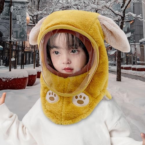 Kids Winter Hat with Removable Face Mask Hooded Face Cover for Hiking Children Boys Girls Outdoor- Medium Rabbit Ears Yellow3