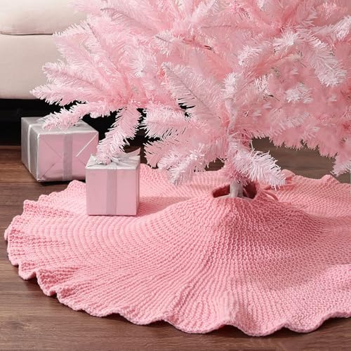 LimBridge Knitted Christmas Tree Skirt: 36 Inch Pink Lotus Leaf Edge Chunky Crochet Tree Skirt with Round Wood Buttons, Christmas Tree Decorations for Merry Christmas Home Décor Party Gifts