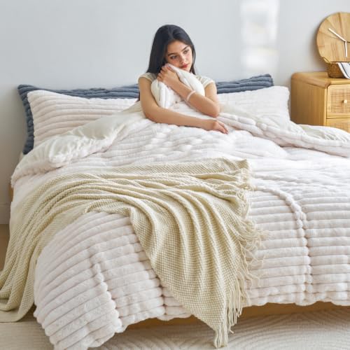 Image of Besfunny White Plush Comforter Cover Full Size ,Fluffy Striped Bedding 2pcs Set(1 Fuzzy Duvet Cover + 1 Fur Pillow Cases ) Faux Fur Luxury Bed Set (White, Twin)