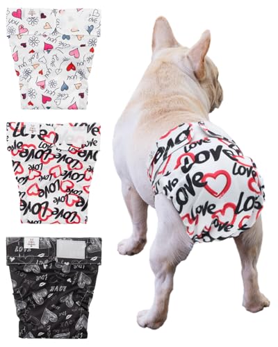 Image of CuteBone Washable Dog Diapers Female No Tail Hole 3 Pack Reusable Doggie Period Training Pants for Docked-Tail Frenchie French Bulldog Boston Terrier Without Tail WWD03S