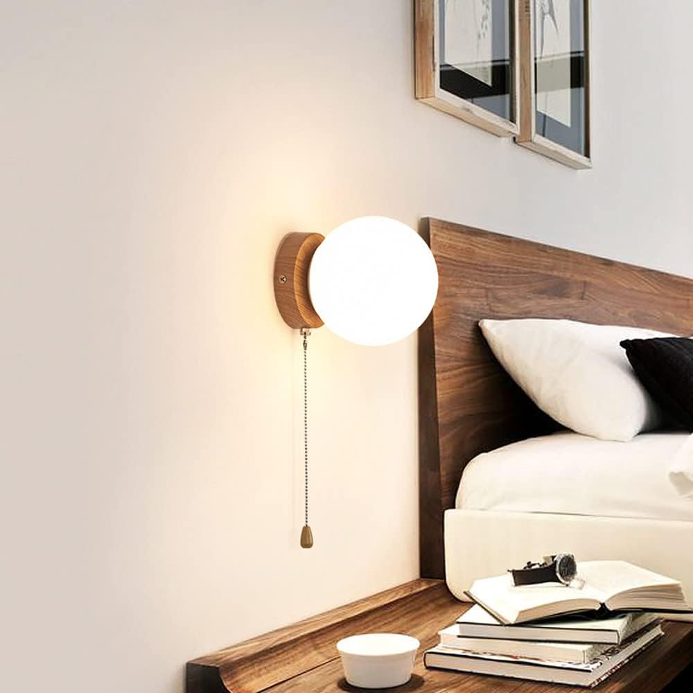 Globe Wall Sconce White Glass Wall Mount Light with Pull Chain Switch, Modern Wood Pattern Wall Lamp G9 Headboard Reading Lights for Bedroom Bedside Living Room Corridor