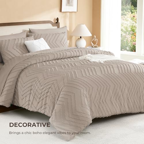 Image of Litanika Light Coffee Queen Size Comforter Set with Sheets - 7 Pieces Bed in a Bag Queen Boho Tufted Complete Bedding Sets with Comforter, Sheets, Pillowcases & Shams