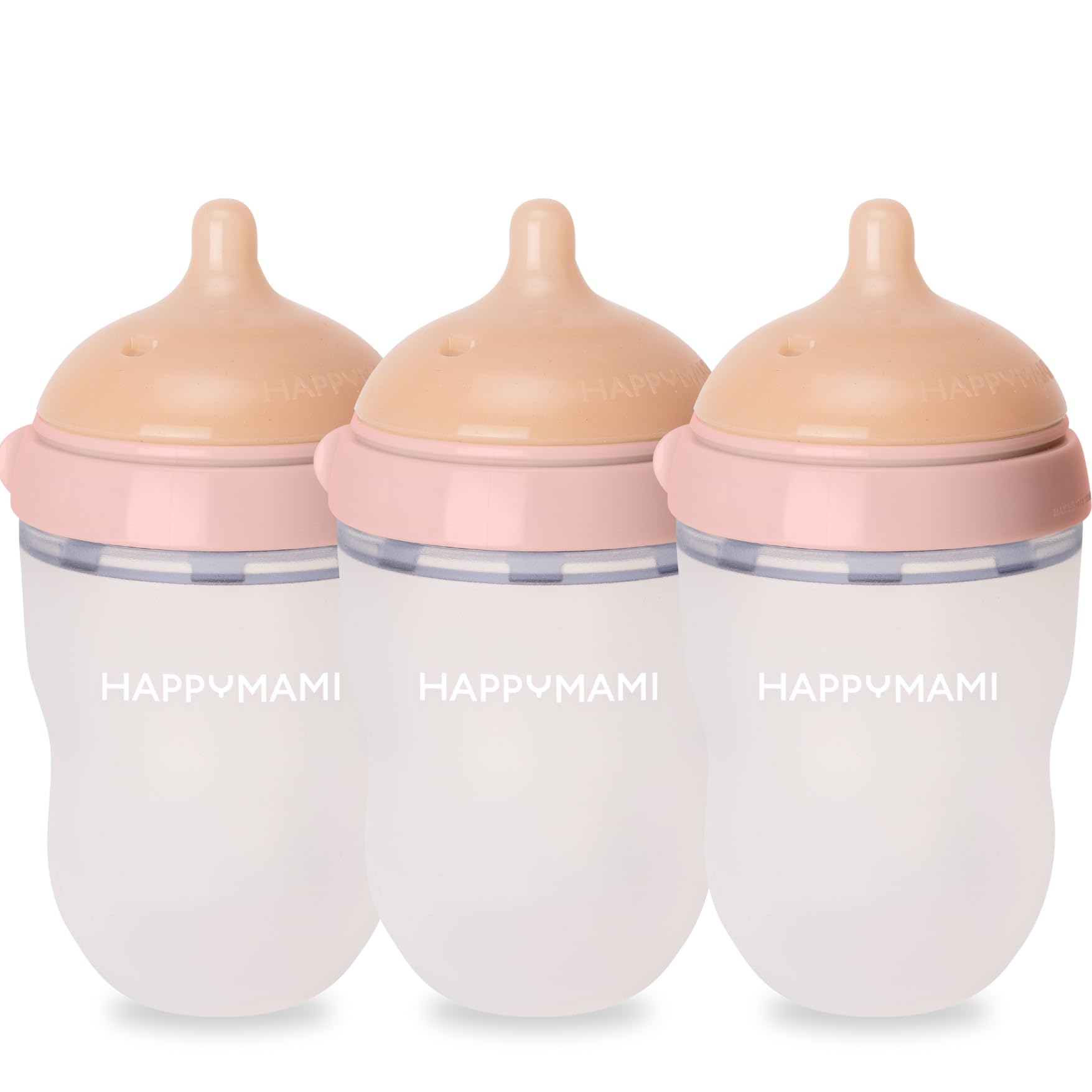 HAPPYMAMI Set 3 Biberones Anticólicos a Medida Lactancia Rosa 250ml | Tetina de silicona grado alimentario. Ritmo de succión natural idéntico al pecho que evita el rechazo. Apto lavavajillas.