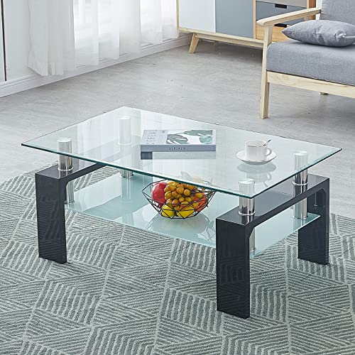 CLIPOP Rectangle Glass Coffee Table w/Tempered Glass Tabletop Stainless Steel Tube, 2-Tier Tea Table, Modern Center Side Table w/Lower Shelf & Wooden Legs for Living Room Guest Reception Room, Black