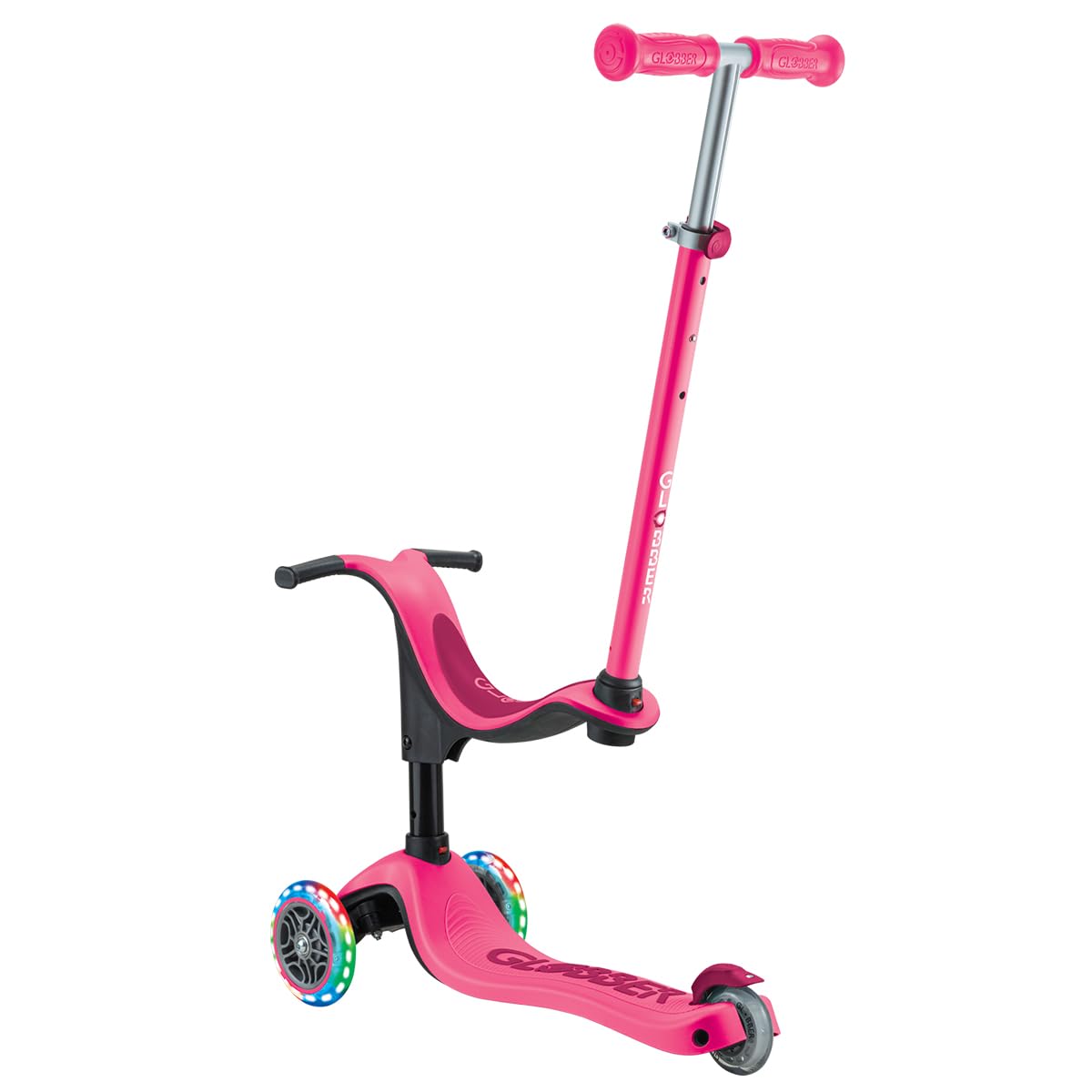 Globber - GO•UP Sporty Lights - Trottinette évolutive 3 Roues avec siège, pour Les Enfants de 15 Mois à 6 Ans, Rose