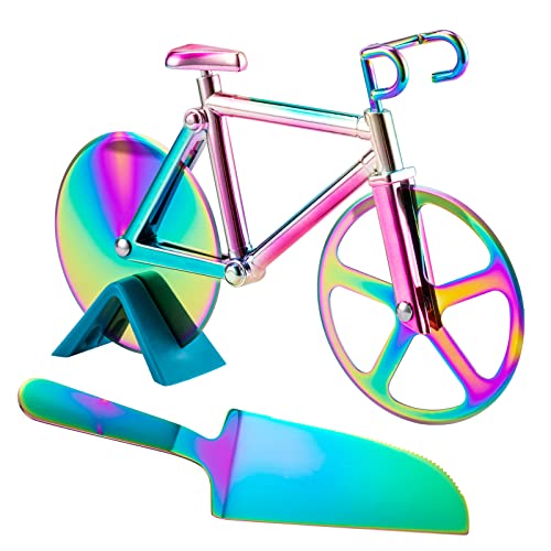 Fohil Bicycle Pizza Cutter Wheel, Non-stick Bike Pizza Cutter Stainless Steel with Pizza Shovel, Rainbow Bicycle Pizza Slicer Funny Gifts, White Elephant Gifts Kitchen Gadget for Pizza Lovers Gift