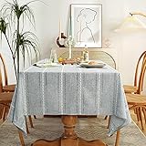 Rustic Farmhouse Style Hemstitched Embroidered Linen Tablecloth, Wrinkle Resistant Washable Dining...