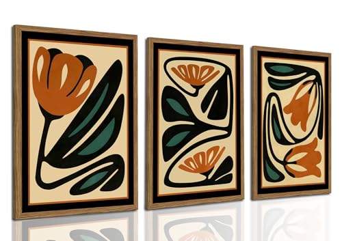 Mid Century Floral Wall Art Set of 3, Modern Abstract Botanical Wall Decor Picture, Vintage Boho Eclectic Plant Canvas Prints Paintings for Bedroom Living Room 12x16 inch Framed