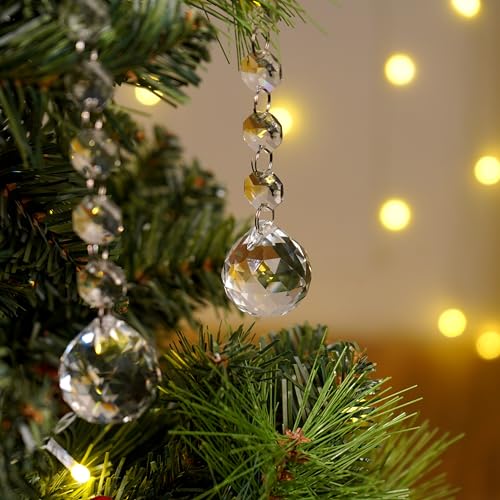 Image of IndianShelf Premium 110 Piece (10 Crystal Drop, 100 Beads) Clear Glass Christmas Ornaments- Christmas Garland for Christmas Decorations- Chandelier Replacement -Hangings for Centerpieces-Suncatchers