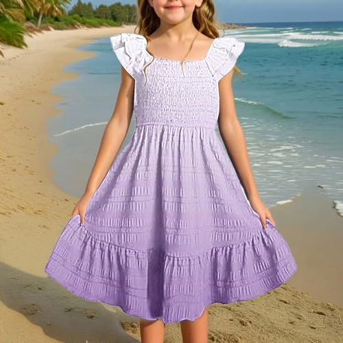 Girls Gradient Color A-Line Elegant Casual Dress Ruffles Sleeve Crew Neck Smocked Knee Length Dresses Flowy Swing Skirts3