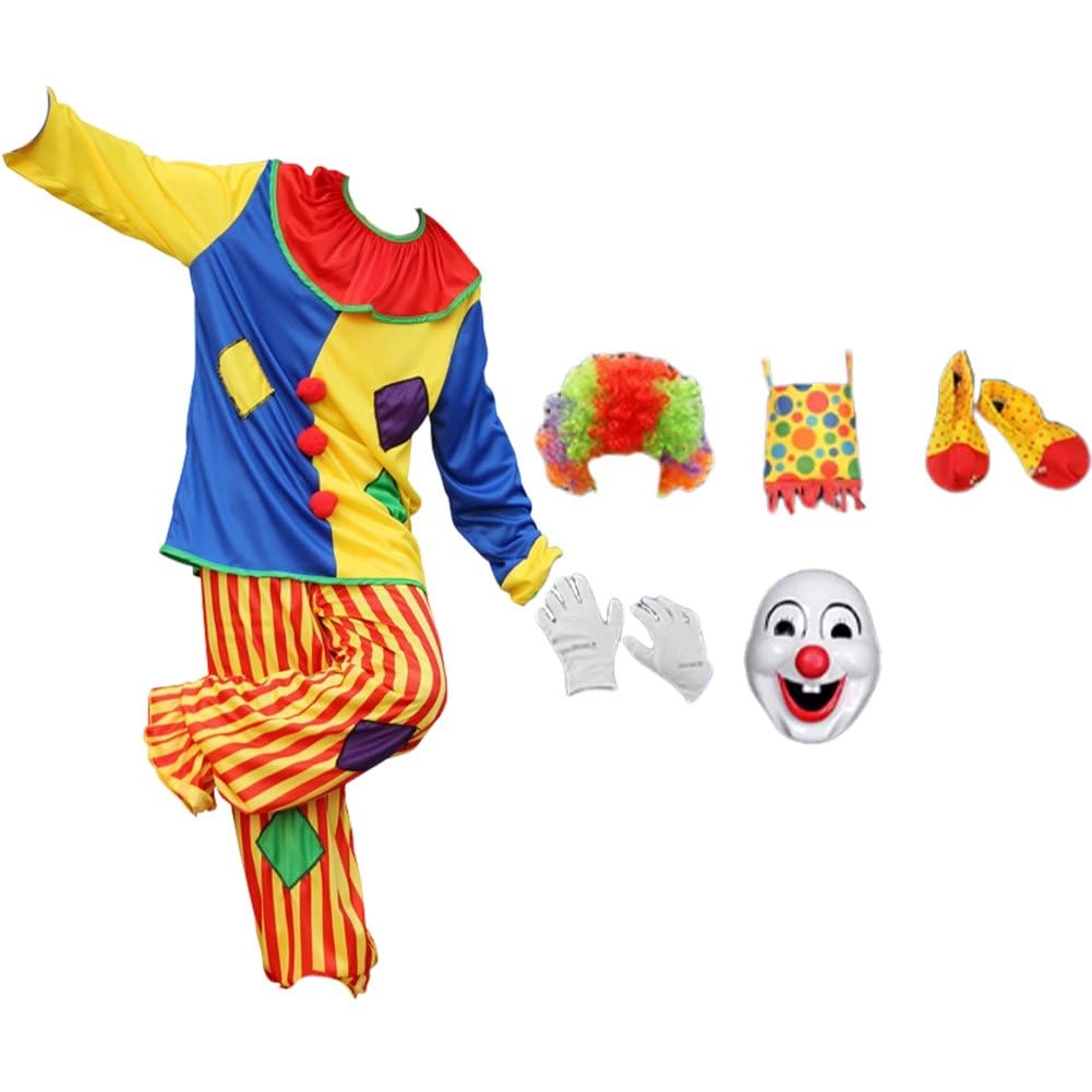 1 Set di Costume Clown Colorato con Parrucca, Maschera, Borsa, Scarpe E Guanti, Costume per Adulti per Halloween, Spettacoli Circensi E Cosplay.
