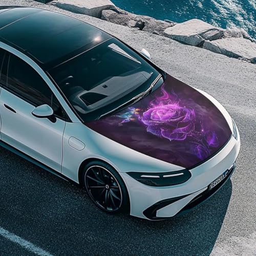 Image of Purple Rose Print Car Hood Cover 39x59 Inch Elastic Polyester Car Hood Protector All Seasons Universal Car Hood Decorative Accessories for Sedan Truck Pickup SUV
