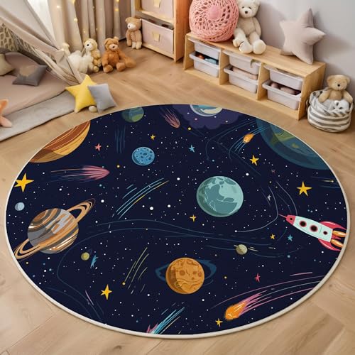 Pianeta Modello Razzo Tappeto Rotondo Blu Scuro Tappeti 60Cm Antiscivolo Lavabile In Lavatrice Tondo Tapette Salotto Camera Da Letto Scendiletto Pelo Corto Rotondi Carpet