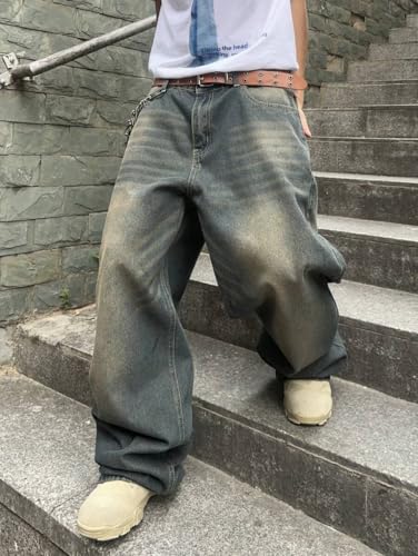 Image of HUNGSON Mens Baggy Jeans for Men Women Y2k Skater Vintage Plain Pants Casual Wide Leg Jeans Loose Fit Denim Jeans