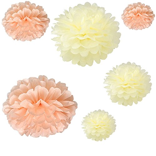 Joinwin 12PCS Mixed Sizes Peach Ivory Tissue Paper Flower Pom Poms Pompoms Wedding Birthday Party Nursery Decoration