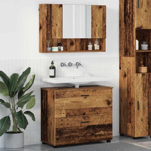 Armario de baño con espejo de madera contrachapada, 2 cajones y 7 estantes para aseo 2
