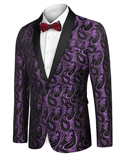 Jinidu Men's Floral Tuxedo Jacket Paisley Embroidered Suit Jacket For Dinner,Party,Wedding,Prom Purple #TOP1