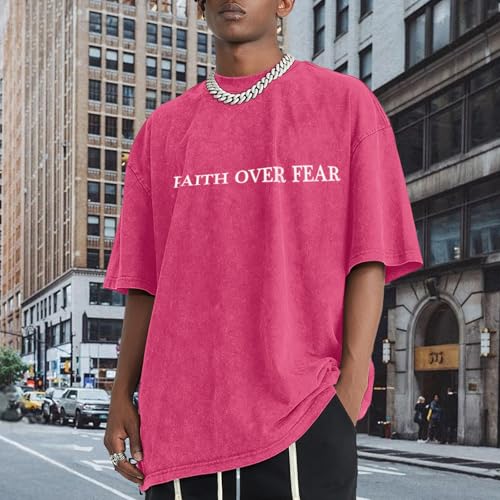 Image of Christian Faith Over Fear Shirt for Men Jesus Religious Shirts Oversized Graphic Tees Acid Wash God T-Shirt