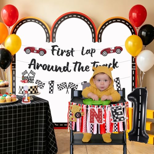 Image of Race Car Fast One Highchair Banner for First Birthday Party Decorations | Pre-strung Race Car Fabric Banner for Boys Black Red High Chair Banner for One Birthday Backdrop Decorations