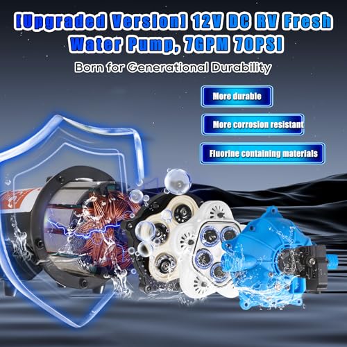 Image of Upgraded 12V RV Water Pump, 7GPM 70PSI, Five Chamber Self-Priming Diaphragm 12V DC RV Fresh Pump with Heavy Duty Pressure Switch & Strainer for Marine, Yacht, Caravan, Camper