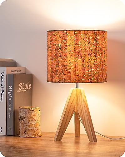 EDISHINE Small Table Lamp, Wooden Tripod Nightstand Lamp with Bar...