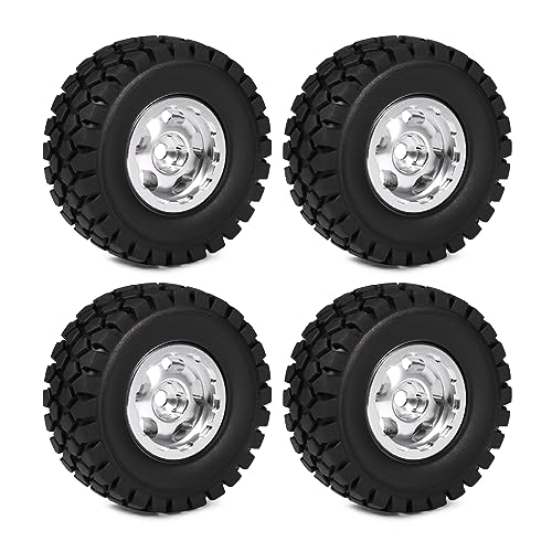 AMK SCX24 1.0 Beadlock Wheel and Tires, 25 * 50 * 20mm AT Tires, Aluminum Alloy 7mm Hex Hub 30 * 14.5mm Rim for 1/18 1/24 RC Crawler SCX24 AX24 FCX24 TRX4M Upgrades (Silver)