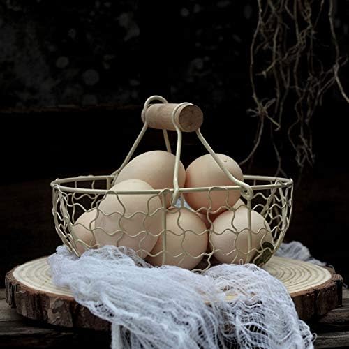 Wooden Handle Metal Retro Basket Portable Multi-Function Vegetable Fruit Egg Groceries Practical Storage Basket Organizer White