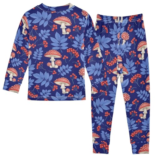 Pajama Sets Long Sleeve Mushroom Berry Leaf Background Soft Comfy Sleepwear 2 Piece PJS 3-8T3