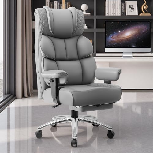 Image of BestGlory Office Desk Chair, Big and Tall Leather Gaming Chair with Footrest, Wide Ergonomic Comfy Executive High-Back Reclining Computer Chairs, Swivel Rolling Wheels and Padded Lumbar Support, Gray