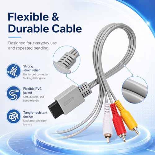 Image of PORTHOLIC AV Cable for Wii and Wii U, 6FT /1.8M Wii Component Cable Composite Audio Video RCA Cable Cord with Red White Yellow Connectors, Plug and Play TV Connection Cable
