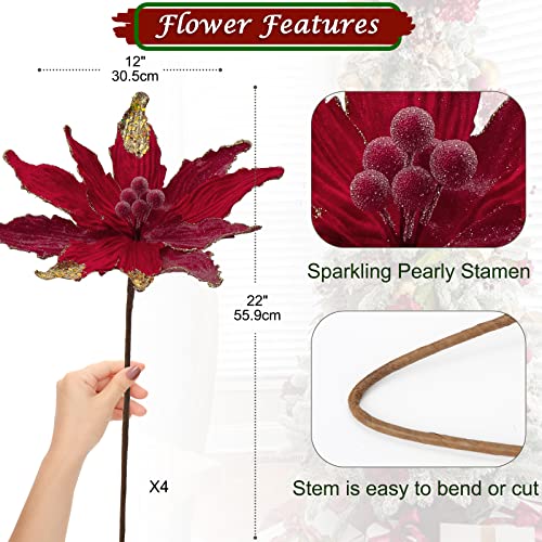 Briful 4 PCS 12" Glitter Poinsettia Red Artificial Flowers Stem for Christmas Tree Decorations Fake Poinsettia Flowers Large Artificial Christmas Flowers Arrangements for Xmas Decorations - Image 3