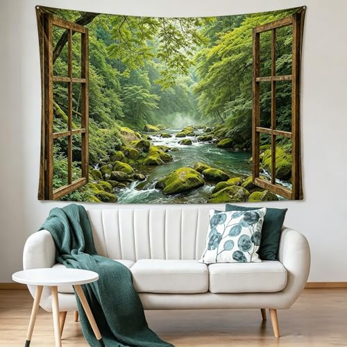Image of HASTHIP Window Forest Tapestry Green Nature Jungle Wall Hanging with Printed Landscape for Bedroom Living Room Dorm Decor