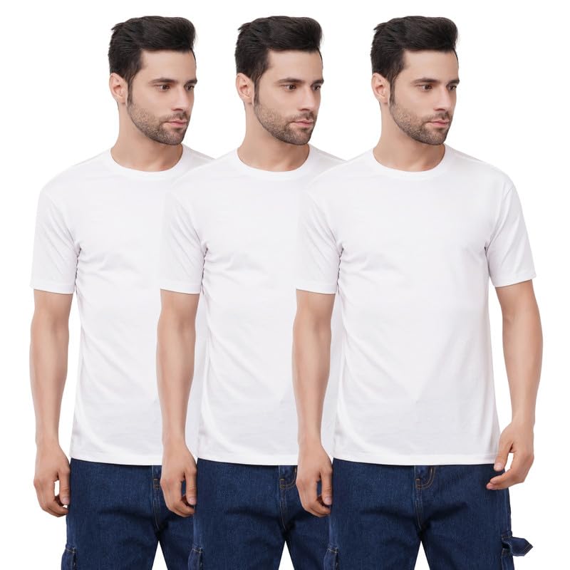 Image of tinies Cotton Tshirt Crew Neck Mens Plain Solid Regular Fit Half Sleeve Mens T-Shirt (Combo Set of 3) White Size XL