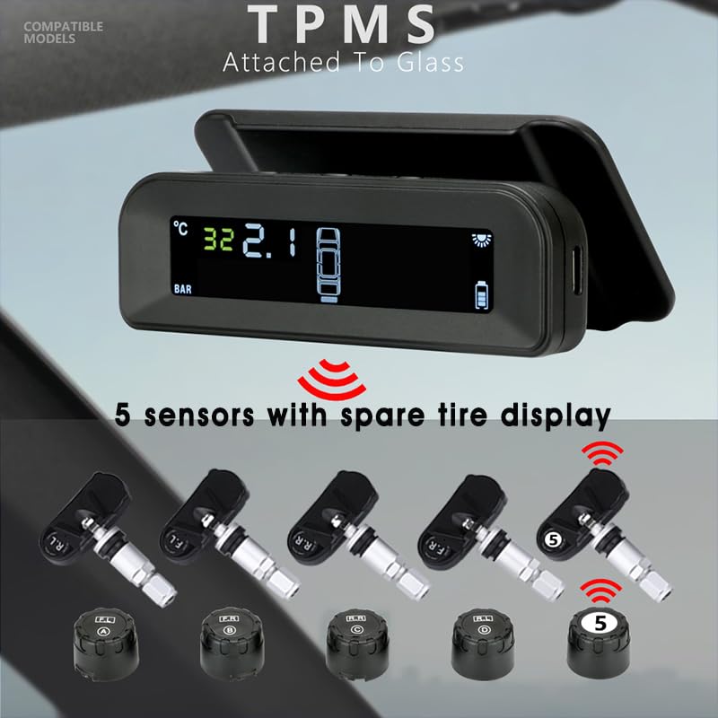 Tpms Sistema di monitoraggio della Pressione dei Pneumatici for Auto Wireless, Carica Solare, misuratore, Display in Tempo Reale attaccato al Vetro(External sensors)