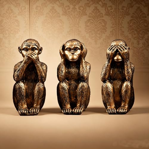 Lot de 3 statues de singes de la sagesse – Écoutez, voyez, ne parlez pas du mal – Décoration d'intérieur et cadeau en bronze