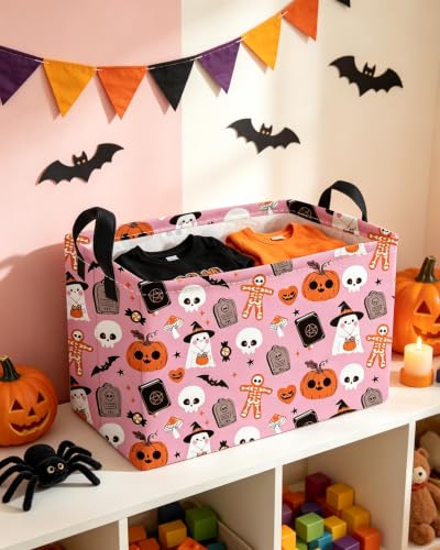 Image of Essme Rectangular Halloween Basket,Pink Storage Bins Organizer with Handles for Room Decor, Gift Basket.(Magic Halloween)