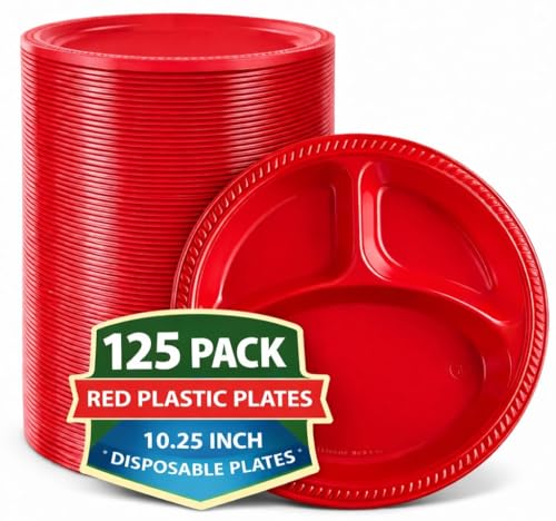 1InTheHome Red Plastic Plates, Divided Plates Disposable, Plastic Plates for Party, 3 Compartment, 10 1/4 Inch, 125 Pack