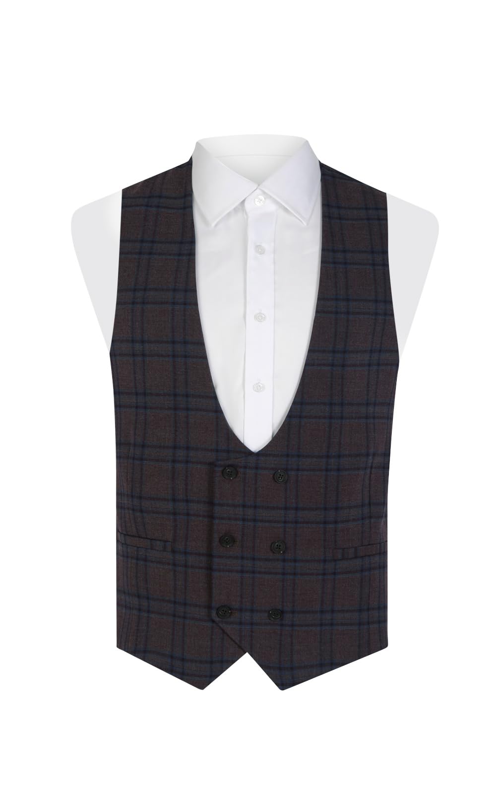 Dobell Mens Burgundy/Blue Waistcoat Regular Fit Windowpane Check Double Breasted-XL (46-48in)