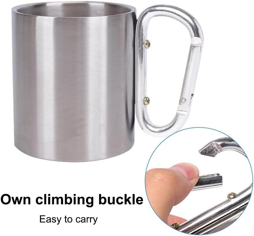 MiOYOOW Stainless Steel Carabiner Mug, 10Oz Double Walled Camping Mug Metal Cup with Carabiner Handle for Outdoor Camping Travel Mountaineering(300ML)