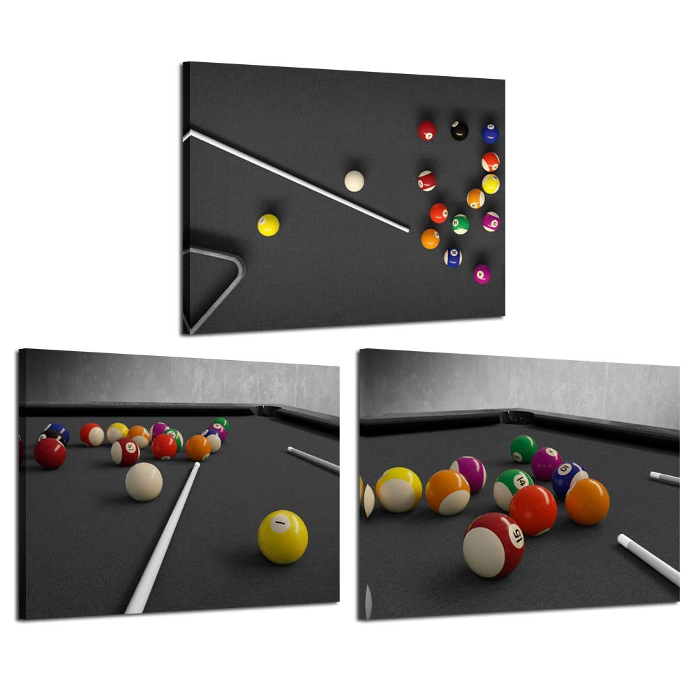 iKNOW FOTO Black and White Canvas Printed Wall Art Billiards Painting Snooker Shooting Pool Posters Pictures Giclee Printing Lounge Bar Decor Stretched and Framed Ready to Hang Home Billiard Room