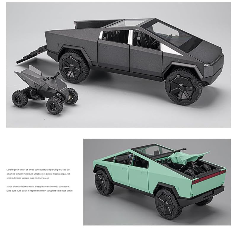 Image of Kids Model 1:24 Cyber Truck Die Cast Metal Car Pull Back Action Opening Doors with Realistic Engine Sound Lights Toy Car Gift for Boys - Green