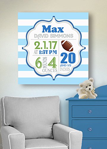 Personalized Stretched Canvas Birth Announcement Gift, Custom Baby Name, Date, Weight Stats, Newborn Football Nursery Wall Art Decor, Wooden Frame Construction, Ready to Hang 24X24