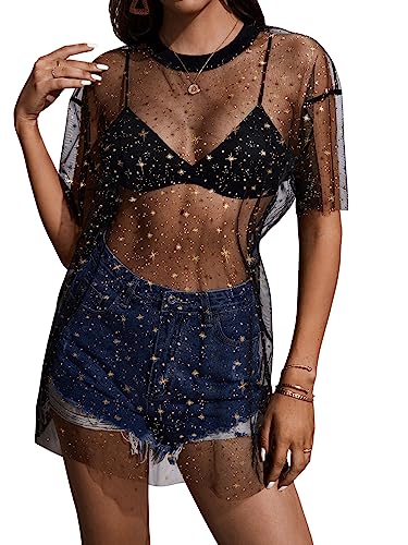 GORGLITTER Mesh Top Damen Glitzer Durchsichtiges Oberteil Sexy Netzstoff...
