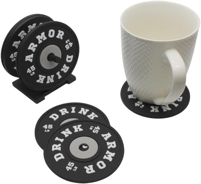 4/8 Pcs Drink Coaster Set with Stand, Gym Weight Plate Silicone Coasters for Coffee Table, Non Slip Cup Mats for Home, Office & Bar, Funny Fitness Gift for Gym Lovers, (8, Black)