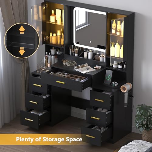 Image of Wodeer Black Makeup Vanity Desk with Mirror & Lights, Modern Vanity Table with Charging Station, 7 Drawers, Glass Cabinet, Adjustable Shelves, Bedroom Dressing Table Set for Women & Girls