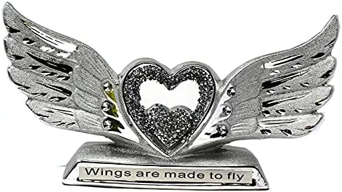 CRYSTAL CROWN® Crushed Diamond Angel Wings with Shelf Sitter Ornament, Crystal Silver Sparkle Ornament Bling (Choose Design) (Slogan Wings)