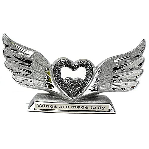 Crushed Diamond Angel Wings with Shelf Sitter Ornament, Crystal Silver Sparkle Bling Slogan Wings, Decorative Sculpture Ornaments (Choose Design) (Slogan Wings)