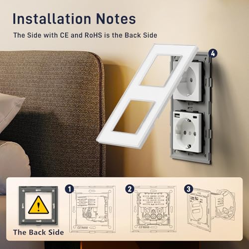 BSEED Doppelsteckdose Schuko Steckdose mit einem USB/Typ C 16Amp USB C Steckdose Unterputz Steckdose Glas Einbausteckdose mit 157mm Wandsteckdose Weiß